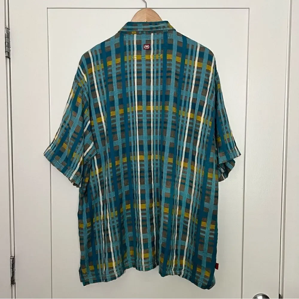 Ecko Unltd Shirt Mens XL Blue Plaid Button Up Short Sleeve Pockets Outdoor Logo